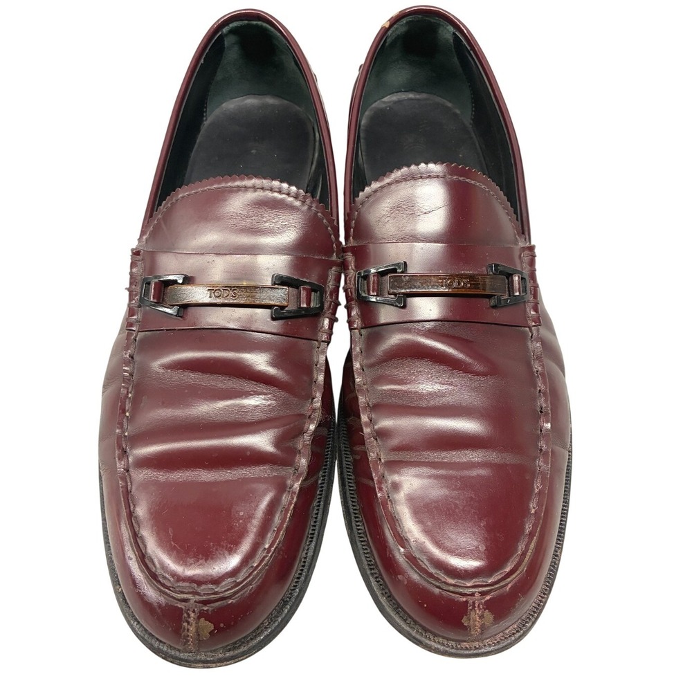 Tod's Loafers Leather Hardware Slip On Men's Size 8 Burgundy Italian Classic